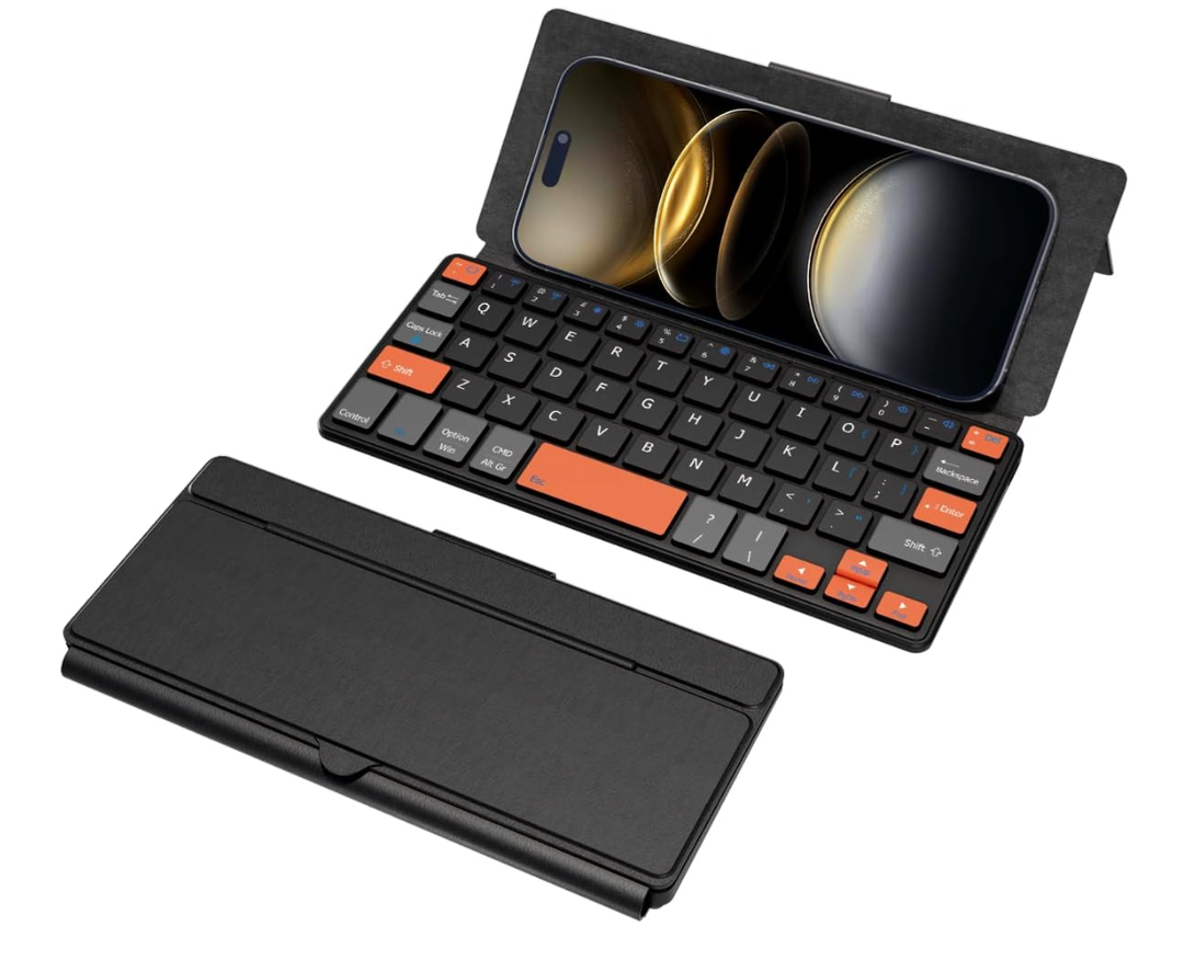 Doohoeek Universal Bluetooth Mini Keyboard, Wireless Compact Keyboard with Orange Navigation Keys & AnyAngle Stand for Android/iOS/Windows, DualDevice Keypad for Phones/Galaxy Z Fold/iPad mini