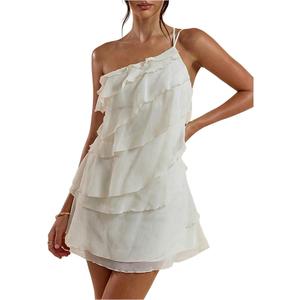 Women's Mini Dress One Shoulder Ruffle Mesh Dresses Layered Backless Vacation Party Sundresses, Small