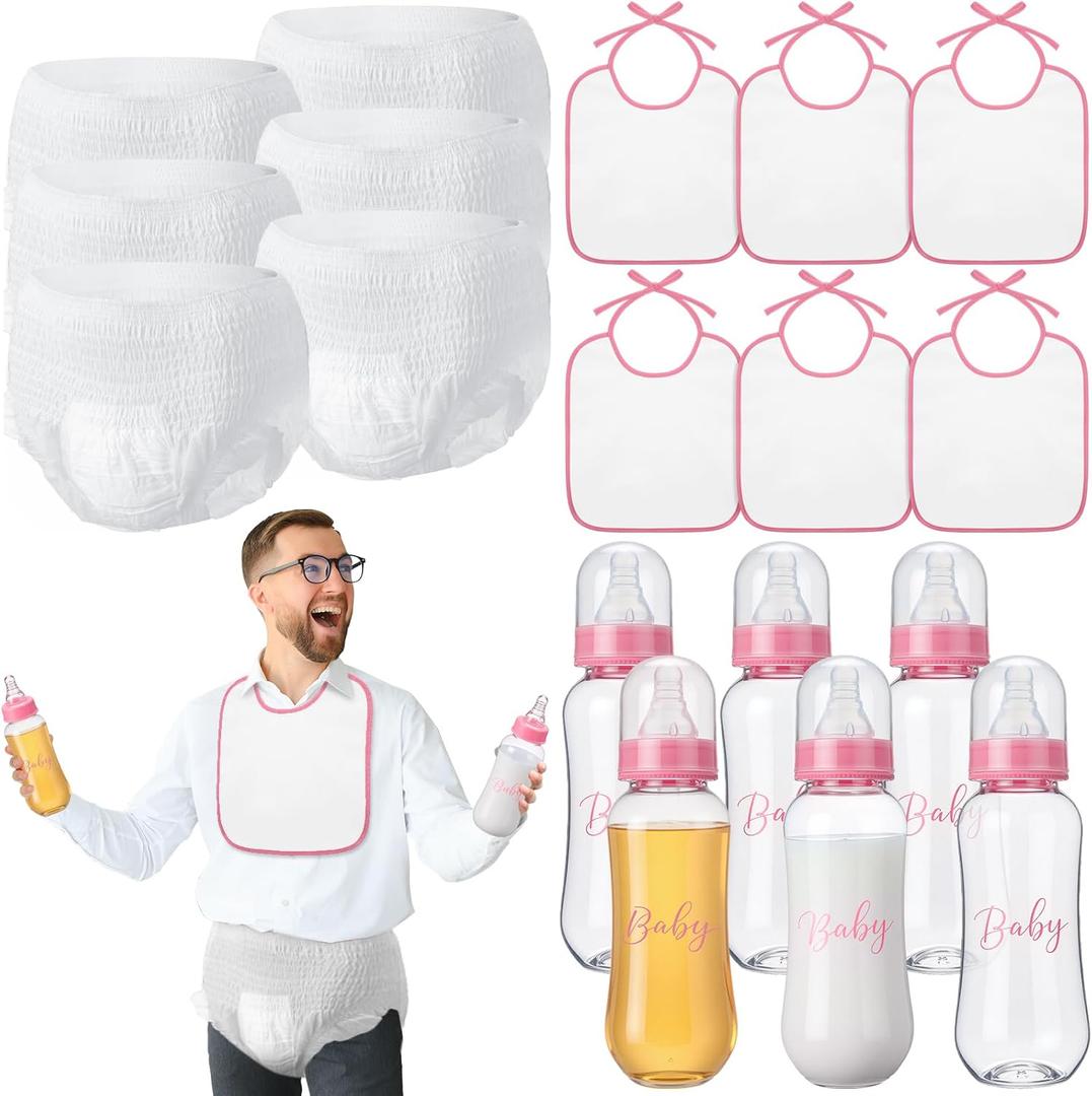6 Sets Bottle Chug Baby Shower Games Juegos Para Plastic Baby Bottles Bibs Disposable Diapers Gender Reveal Games Baby Changing Diaper Race Game Decoration (Pink)