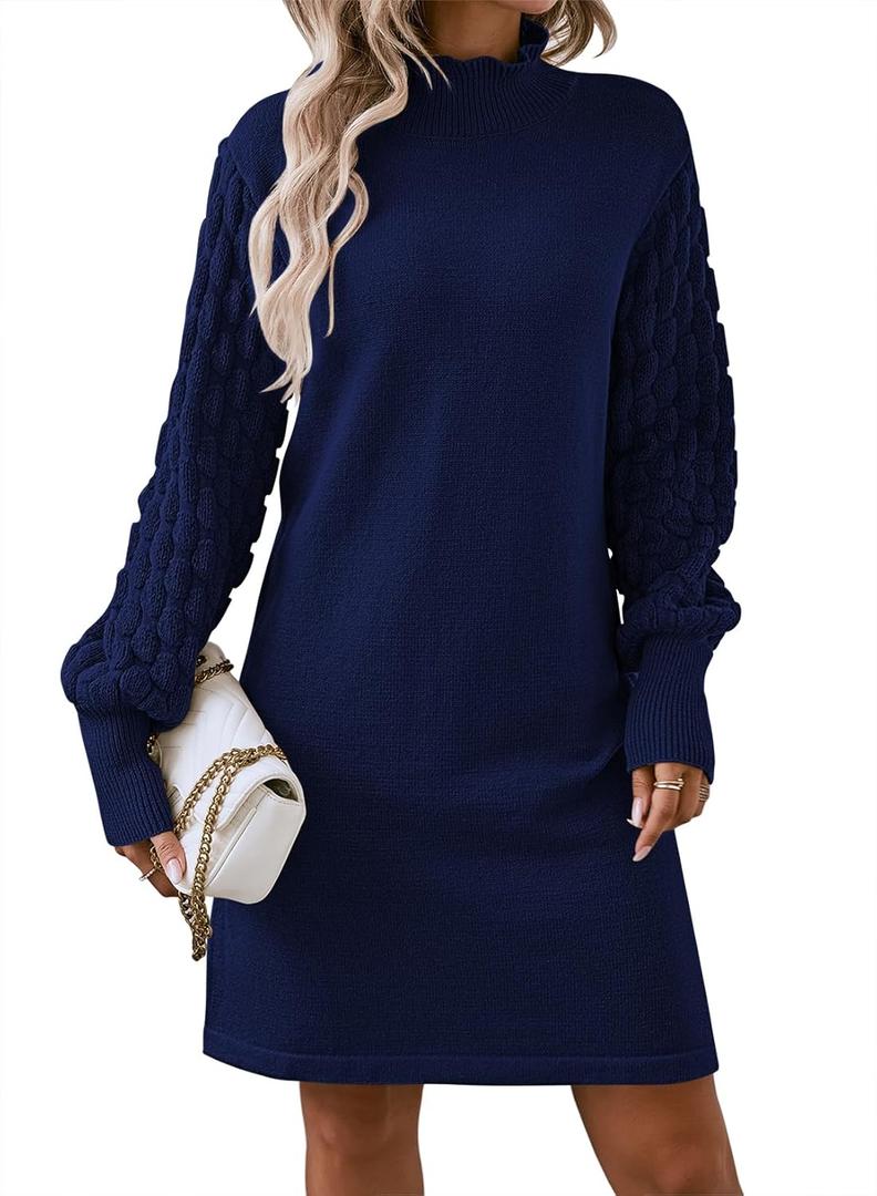 Sovoyontee Women's 2025 Fall Long Sleeve Mock Neck Sweater Dress Casual Loose Ribbed Knit Mini Short Pullover Dresses (Blue, L)