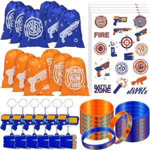 Sureio 138 Pcs Dart Battle Party Supplies Include Wars Goody Treat Bags Dart Themed Silicone Rubber Bracelet Wristbands Keychain Temporary Tattoos for Battle Birthday Party Favors
