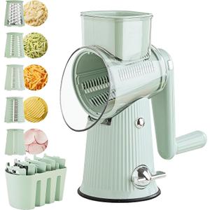 Rotary Cheese Grater with Handle: 5 in 1 Cheese Grater Hand Crank Cheese Shredder with Strong Suction Base Kitchen Vegetable Slicer with 5 Interchangeable Blades, Storage Box, Green