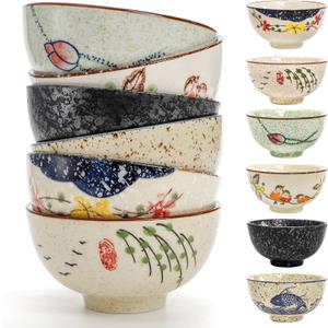 6 Pack Retro Ceramic Bowls, 4.5 Inch Japanese Chinese Bowl, Small Hand-painted Serving Dinner Set for Cereal, Salad, Dessert, Ice Cream, Rice, Noodles, Dishwasher Microwave Safe