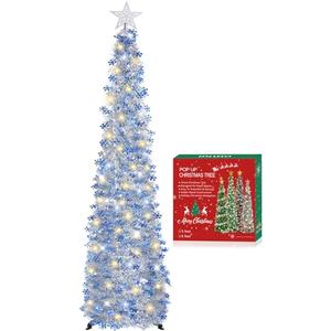 HMASYO 5 FT Pop Up Christmas Tree with Timer Lights, Silver Tinsel Snowflake Christmas Tree, Collapsible Artificial Pencil Tree Xmas Decoration for Home, Office, Party, Easy Assembly