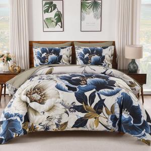 Dintszyayue Brown Comforter Set King Size, 7 Pieces Floral Bed in a Bag Set, Texture Blue Flower Bedding Sets, Soft Microfiber for All Season with Flat Sheet Fitted Sheets Pillowcases and Shams (king 90"x103")