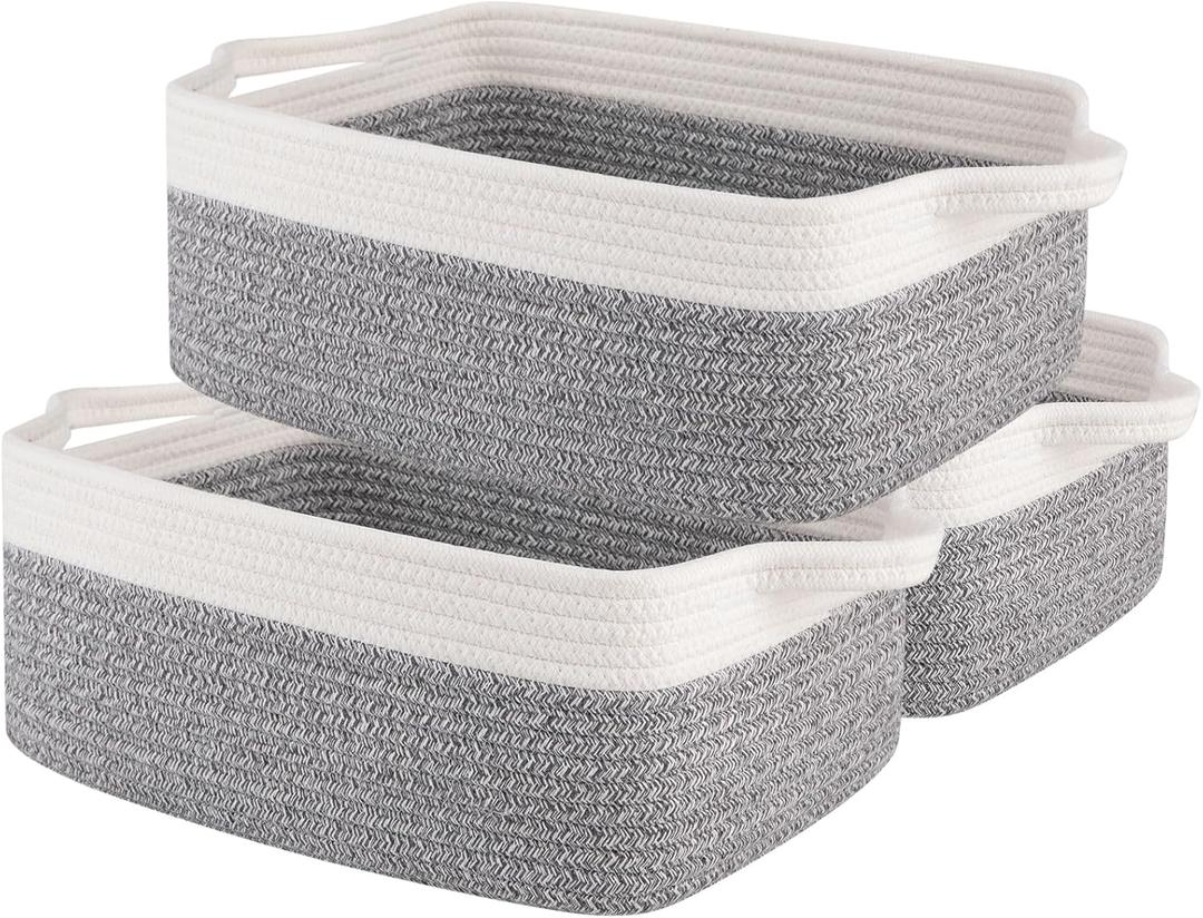 OIAHOMY 3 Pack Storage Baskets for Organizing, Woven Cotton Rope Basket for Shelves, Closet Organizer Bins with Handles, Rectangle Toy Organization, 13.78''9.84''5.5'', Grey & White