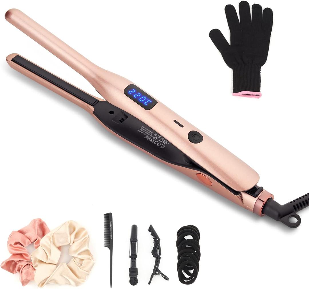 3/10 Inch Pencil Flat Iron, Small Flat Irons for Short Hair, Beard and Pixie Cut, Mini Hair Straightener Small Ceramic with Adjustable Temperature, Include Glove (Rose Gold)