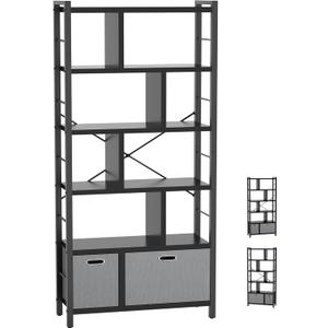armocity 74 Inch Tall Bookshelf, 6 Tier Bookcase with Drawers, Modern Book Shelf Display Standing Shelf Units with Storage, Wood and Metal Bookshelves for Living Room, Bedroom, Home Office, Black