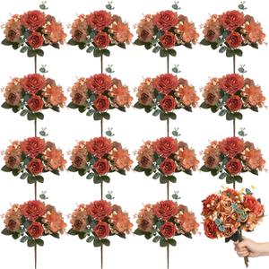 Yunlly 16 Packs Artificial Peony Flowers Faux Peonies Bouquet Silk Vintage Wedding Home Table Door Decor Reusable Bouquet Rose Flowers for Bridal Wedding Birthday Home(Orange,Elegant)
