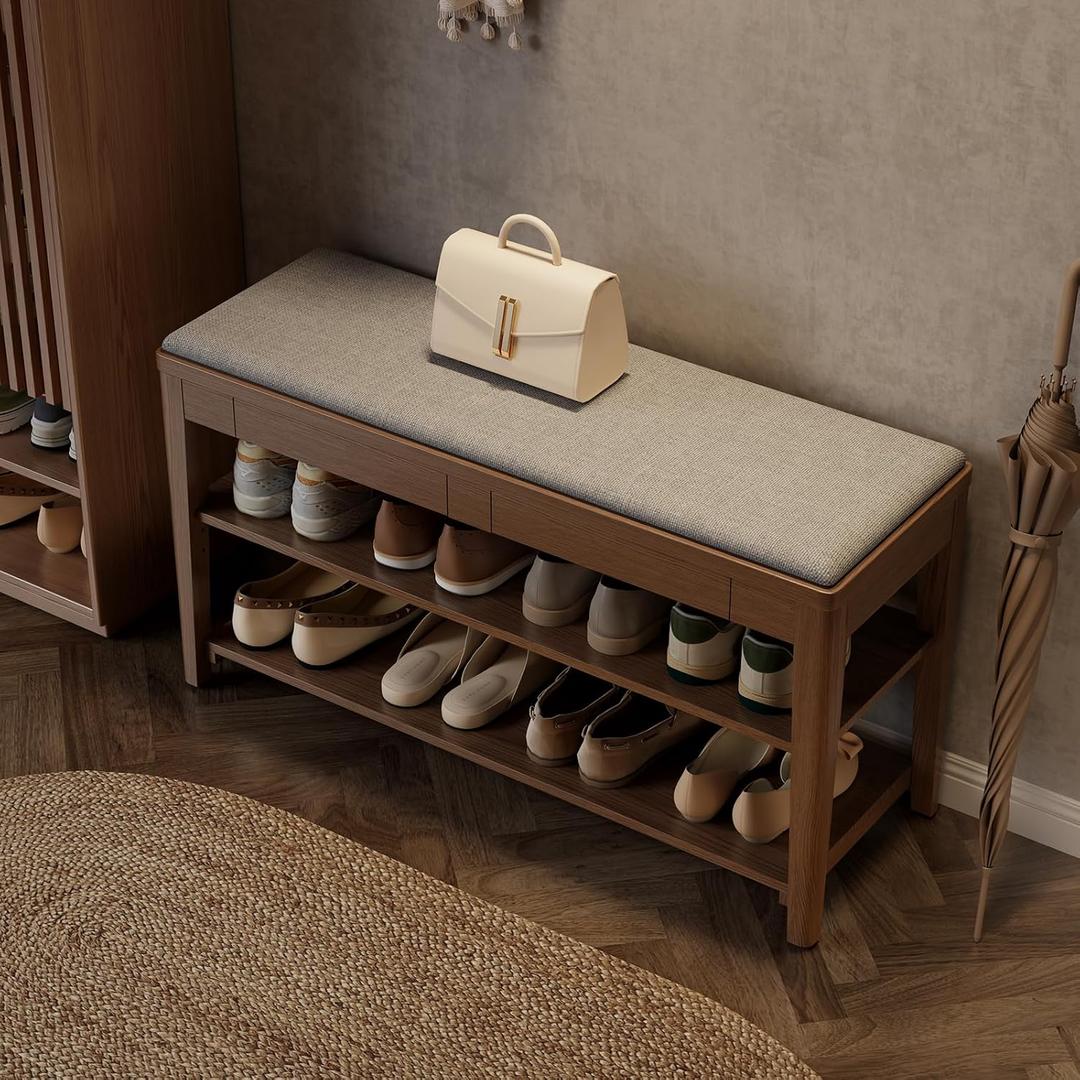 Shoe Bench with Storage, Wooden Shoe Storage Bench with Cushion&Hidden Drawer, 2-Tier Shoe Rack Bench for Entryway, Mudroom, Hallway, 39.4"W x 13.6"D x 21.3"H
