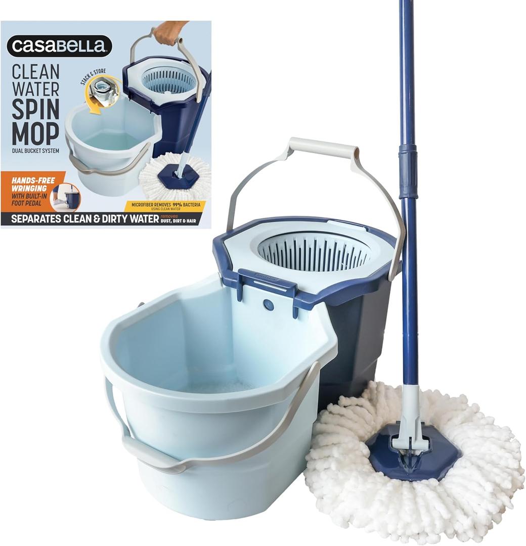 Casabella Clean Water Microfiber Spin Mop with 2-Bucket System, Antibacterial Spin Mop and Mopping Bucket Set, Blue/White