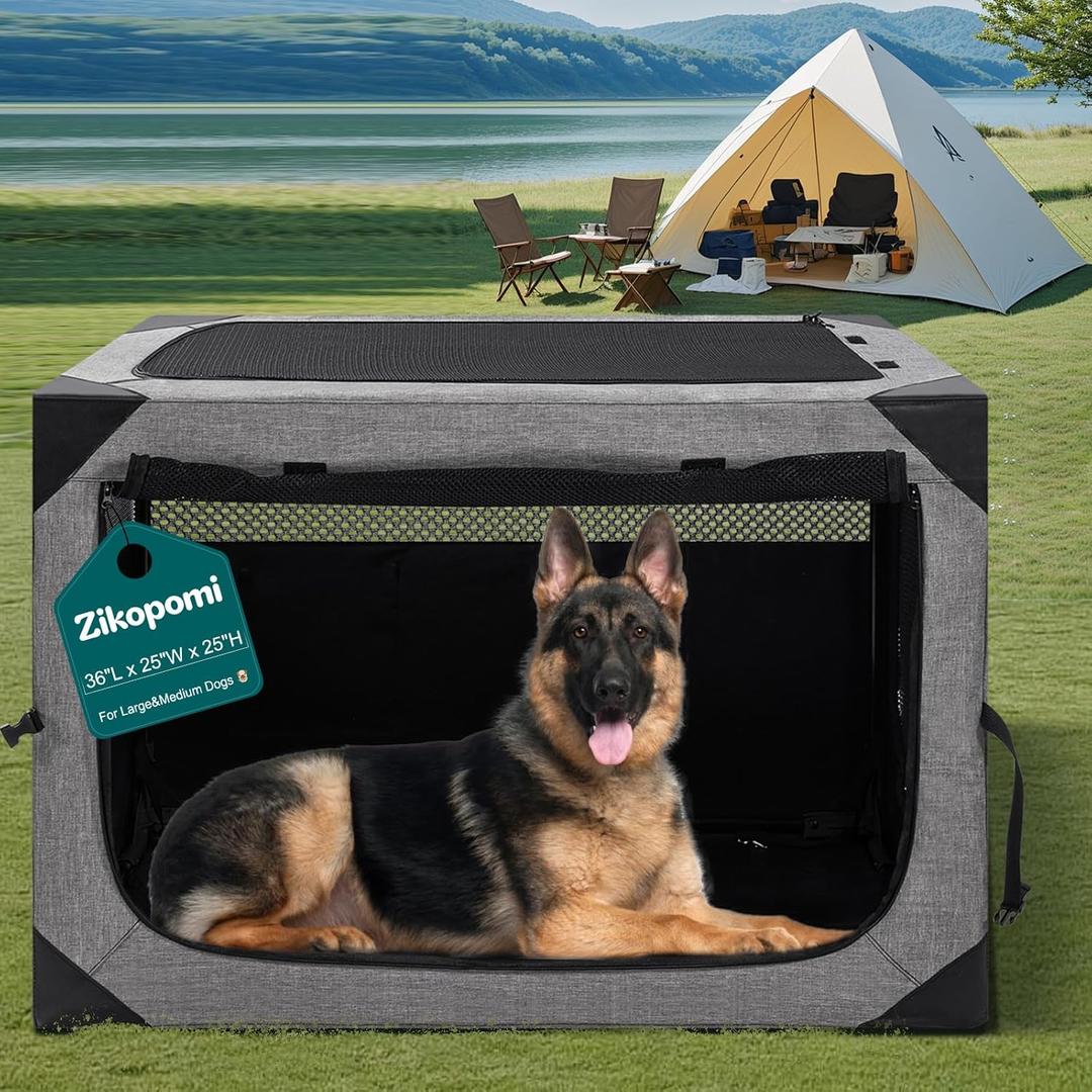 36 Inch Portable Travel Dog Crate, 3 Door Collapsible Soft Pet Kennel with Durable Mesh Windows for Medium Dogs, Foldable Dog Cage with Storage Pocket for Outdoor (Light Grey)