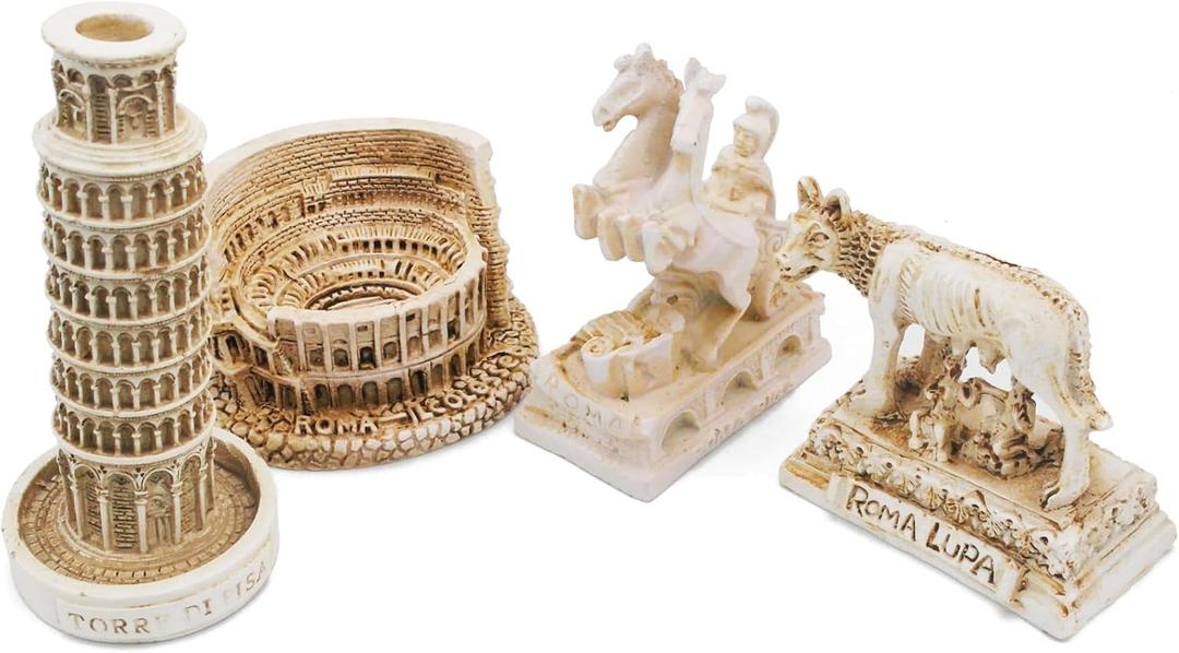 Italian Rome Decorations Colosseum Leaning Tower of Pisa Rome Wolf Desktop Decor Ornament Gift Ancient Arena Amphitheatre Roman Tanks Building Sculpture Set of 4