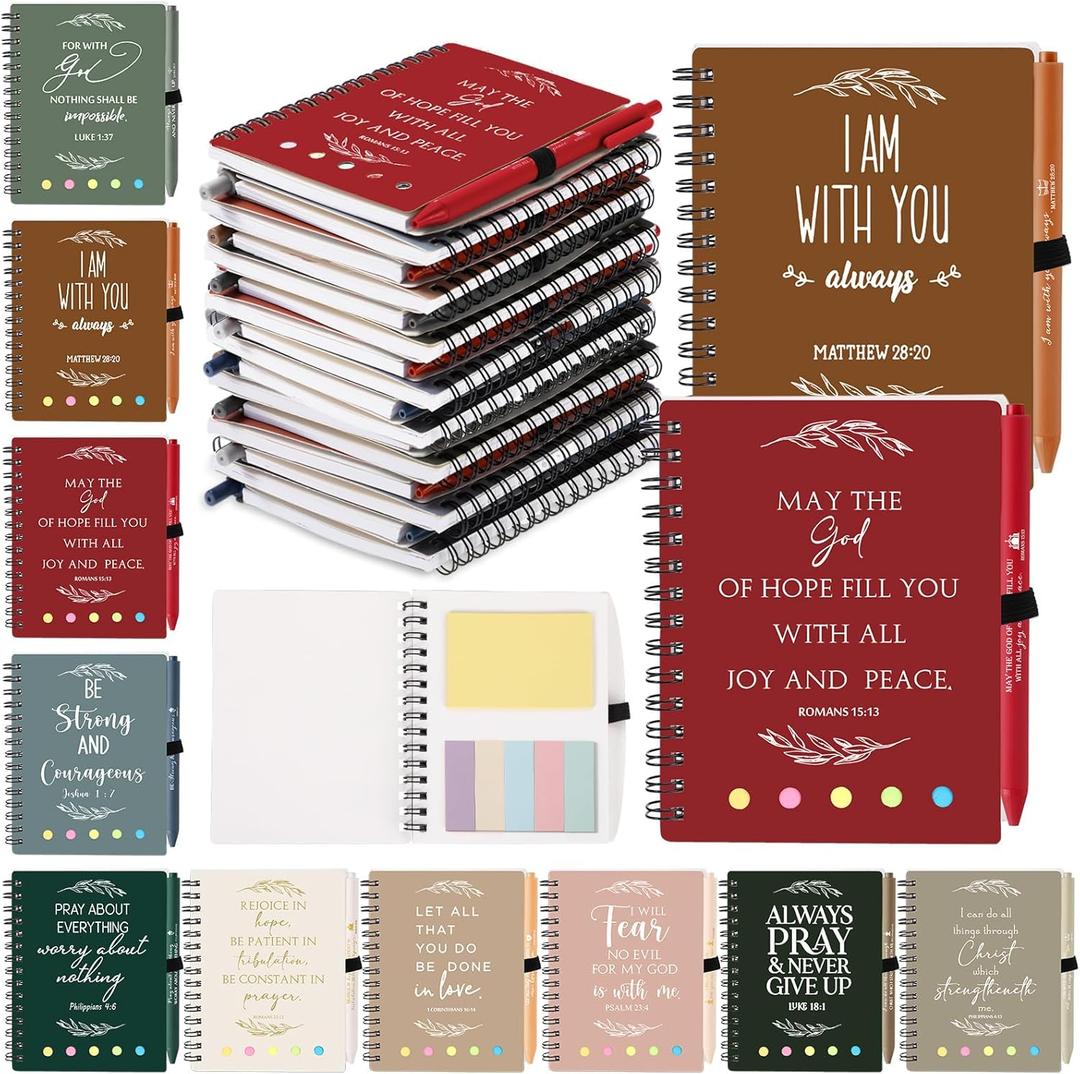 Kosiz 20 Pcs/10 Set Easter Christian Gift Bulk Spiral Religious Notebook with Sticky Notes Bible Verse Pens Notepads Religious Church Gift Church Holy Week Employee Teacher Volunteer (Vintage Color)