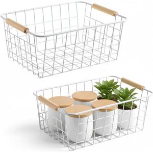 Metal White Wire Basket,Food Storage Organizer with Wooden Handles, pantry organizers and storage for Organizing Kitchen Cabinets potato onion, 2 Packs