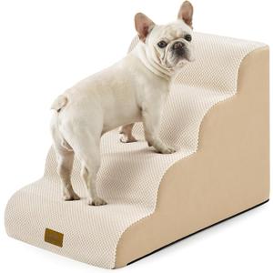 Dog Stairs for Small Dogs 19.7" H, Curved Dog Step for Puppy, Older or Cat, Medium Pet Ramp for Sofa, Couch or Bed, Ladder with High Density Foam, 4 Step, 15.7x28.3x19.7 inch, Beige