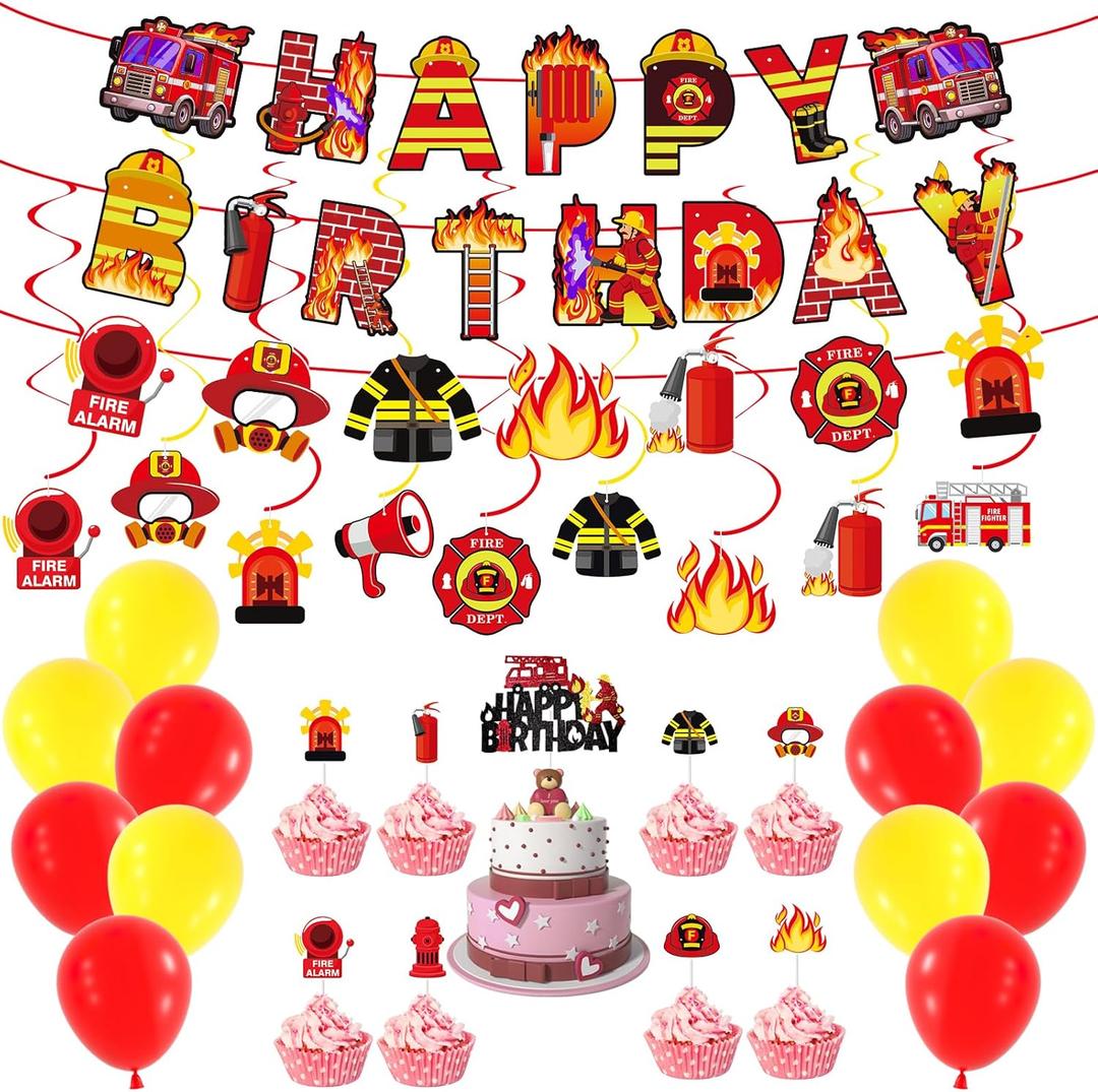 52 PCS Firefighter Birthday Party Decorations, Fire Truck Happy Birthday Banner, Cake Cupcake Topper, Yellow Red Balloons, for Fireman Firefighter Truck Themed Party Supplies
