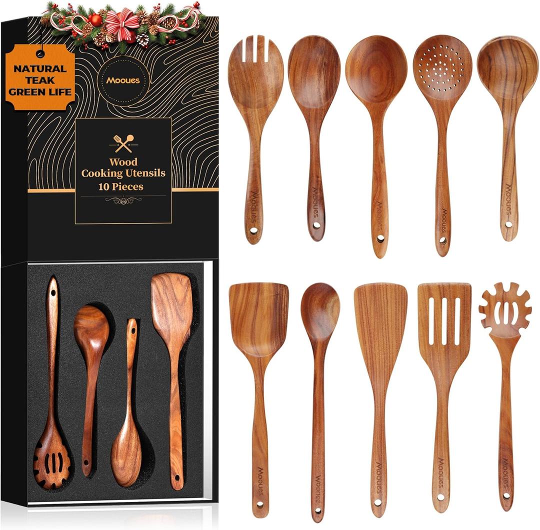 Wooden Spoons for Cooking, Wooden Utensils for Cooking Natural Teak Wooden Kitchen Utensils Set Comfort Grip(10 PCS SET GIFT BOX)