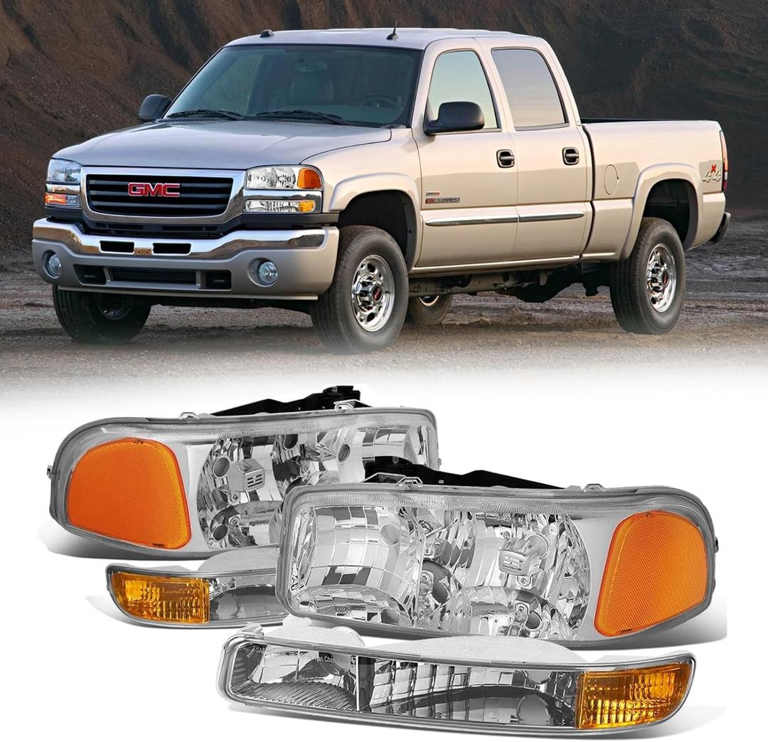 Headlight Assembly Compatible with 99-07 GMC SIERRA 1500 2500 1500HD 2500HD 3500HD/ 1999-2006 YUKON 1500 2500/2001 SIERRA C3, Chrome Housing 4PCS