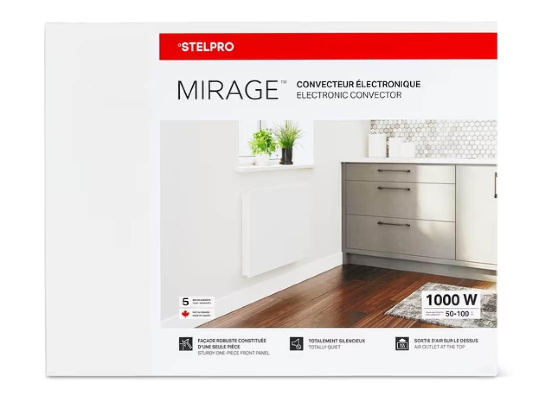 Stelpro MIR1002WCW Convector Heater 1000W, 23 1/2" x 18", 240 volts (NOT a Plug-In) Controlled via Wall Thermostat (sold separately), MIRAGE Series - Discreet with Sturdy Monocoque Front Panel, White