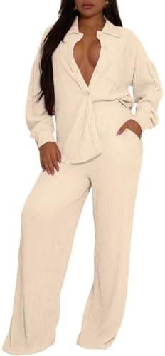 Ophestin Women 2 Piece Dressy Outfits Casual Pleated Long Sleeve Button Down Shirt Wide Leg Pants Loungewear Matching Sets Size L