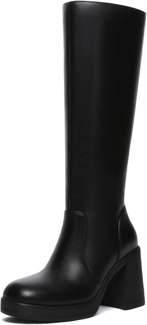 Athlefit Black Knee High Boots for Women Platform Tall Boots Fashion Square Toe Chunky Heeled Booties (7.5)
