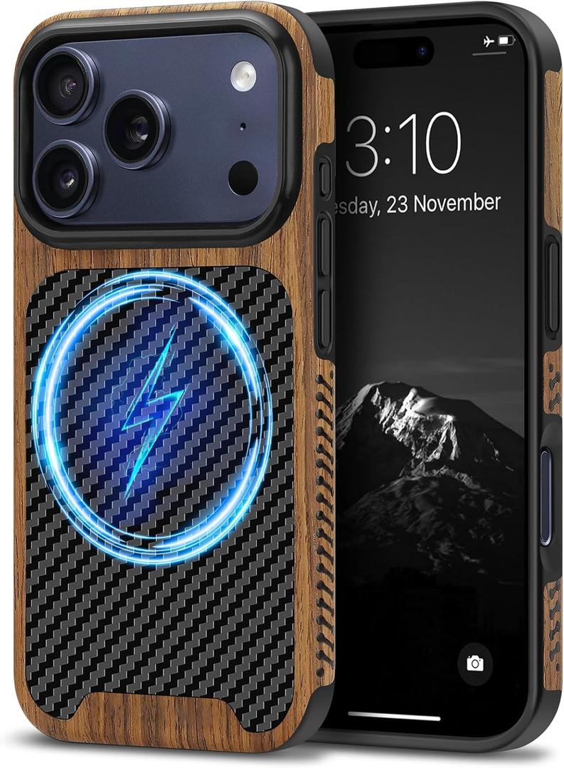 TENDLIN Magnetic Case Compatible with iPhone 17 Pro Case Wood Grain with Carbon Fiber Texture Design Leather Hybrid Slim Cover (Compatible with MagSafe) Black