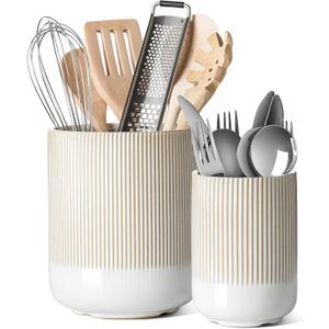 LE TAUCI Utensil Holder, 7.3"+5.4" Ceramic Kitchen Utensil Holder for Countertop, Large Cooking Utensil Crocks Gift for Mom, Boho Farmhouse Kitchen Decor, Set of 2, Reactive Glaze Arctic White