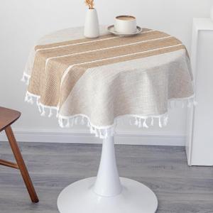Small Waterproof Cotton Linen Washable Tablecloth Farmhouse Wrinkle Free Round Burlap Table Cloths 36 Inch Coffee Heavy Weight Table Cover with Tassels for Bedside Tables Home Decoration