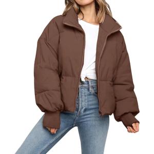 Women’s Winter Cropped Puffer Jacket Coat Casual Quilted Baggy Long Sleeve Zip Down Jackets Outerwear (Brown, S)