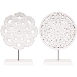 AXEARTE 2 Pack Wooden Carved Cutout Flower Medallion Sculpture, Rustic Distressed White MDF Statues Home Tabletop Decor, Decorative Ornaments for Living Room, Bedroom, Office Desktop, Cabinets