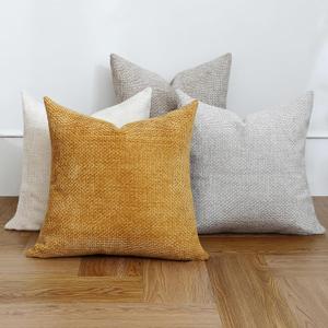 Stellhome 4 Packs Neutral Decorative Throw Pillow Covers Soft Chenille Woven Textured Accent Cushion Cases for Living Room Couch Bed Sofa Farmhouse Boho Home, 18x18 inch, Neutral Mustard Yellow