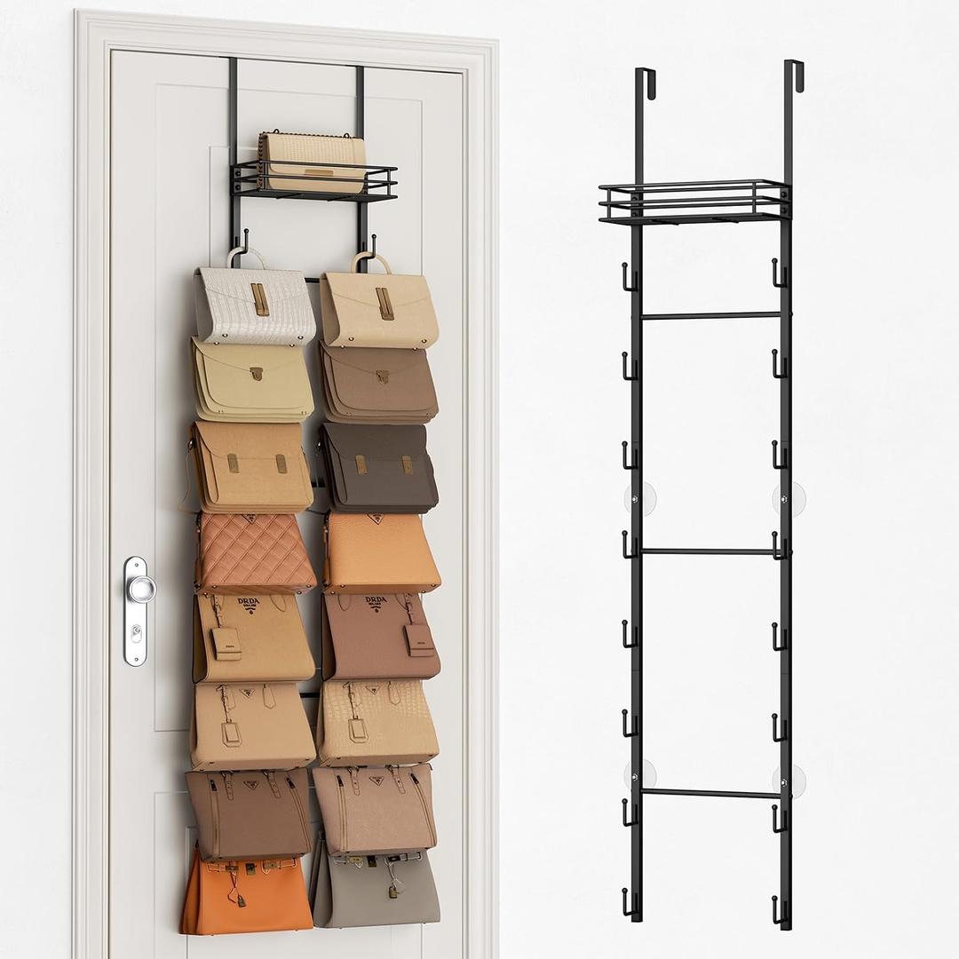Over The Door Purse Organizer - Wall Mounted Handbag Organizer with 16 Hooks and Metal Basket,Purse Rack for Closet,Bag Rack, Handbag Rack and Hanging Purse Storage for Door,Closet, Standard