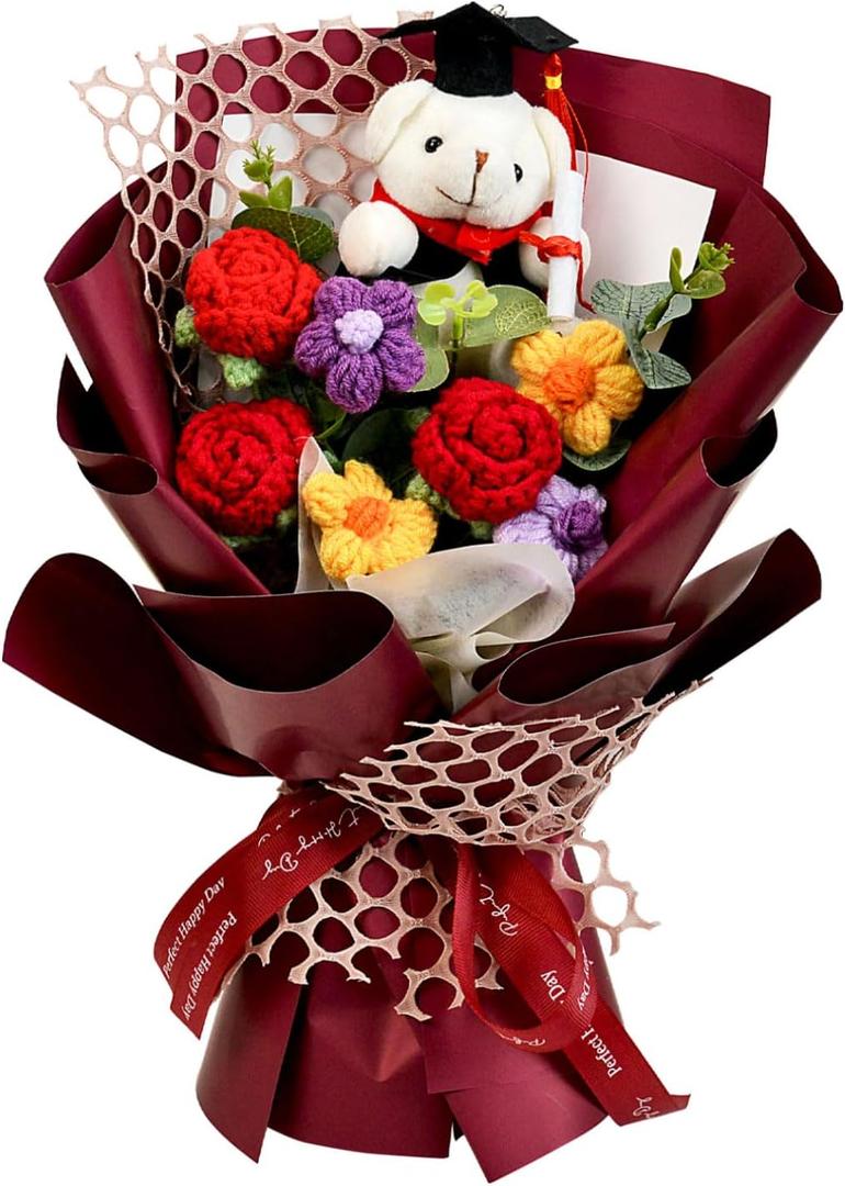 Graduation Gifts Crochet Flowers Bouquet, Handmade Sunflower Rose Bear Graduations Flower Bouquet for Birthday, Teacher Appreciation Gifts, Christmas, Home Dcor (Include Card) Red
