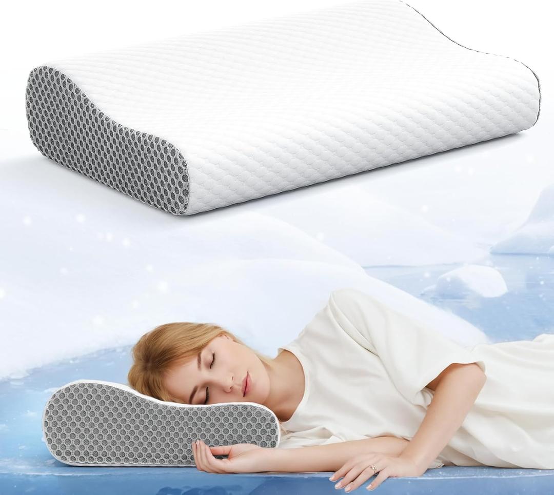 Cervical Neck Pillow for Sleeping - 2 Heights Memory Foam Contoured Pillow - Ergonomic Side Back Sleeper Cervical Pillows with Machine Washable Cover (Grey White)
