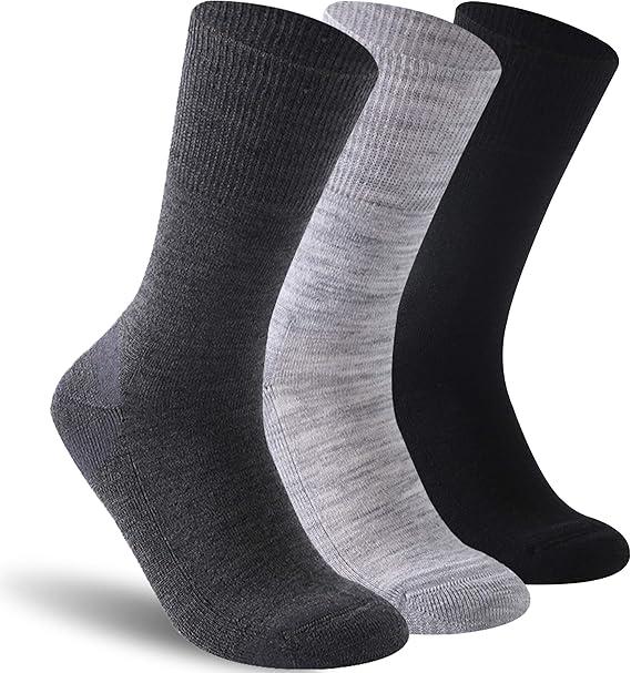 Facool Diabetic Socks for Men Women, Merino Wool Non-Binding Top Crew Socks with Cushion Sole, Seamless Toe 3 Pairs, Size L