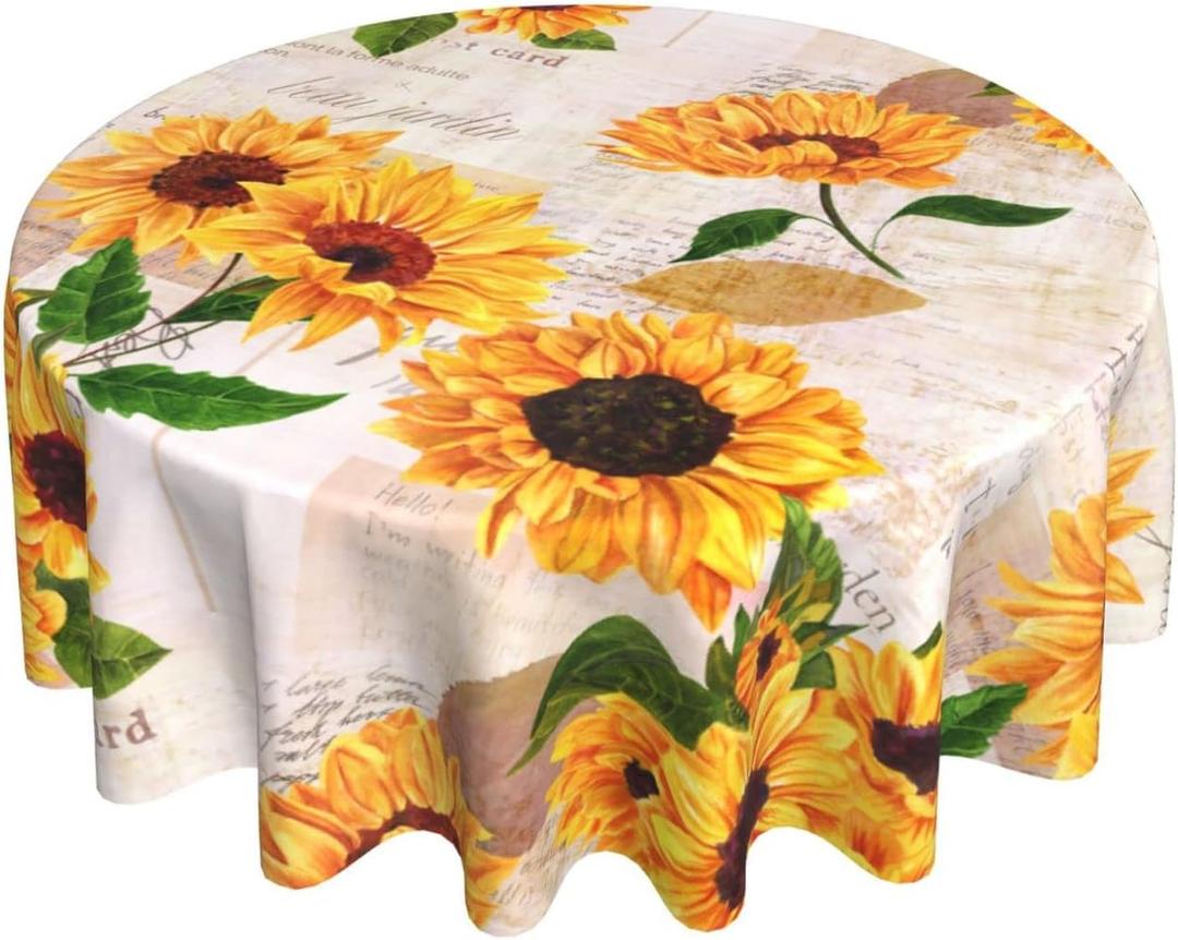 Vintage Sunflower Round Tablecloth Washable Reusable Decoration Table Cover for Kitchen Party 60"