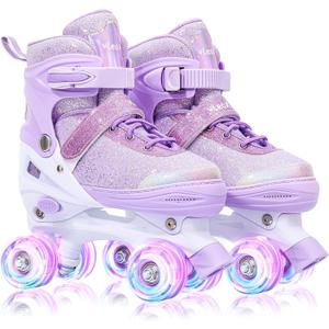 Roller Skates for Girls Kids Child Beginners, Adjustable Light up Wheels Fun Illuminating Purple Pink Skates for Boys Toddlers Patines (Large - (US 3.5-6))