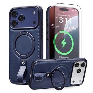 Butaiga for iPhone 17 Pro Max Leather Case with Stand, Anti-Slip Grip Ring, Fits for MagSafe (Blue, iPhone 17 Pro Max)