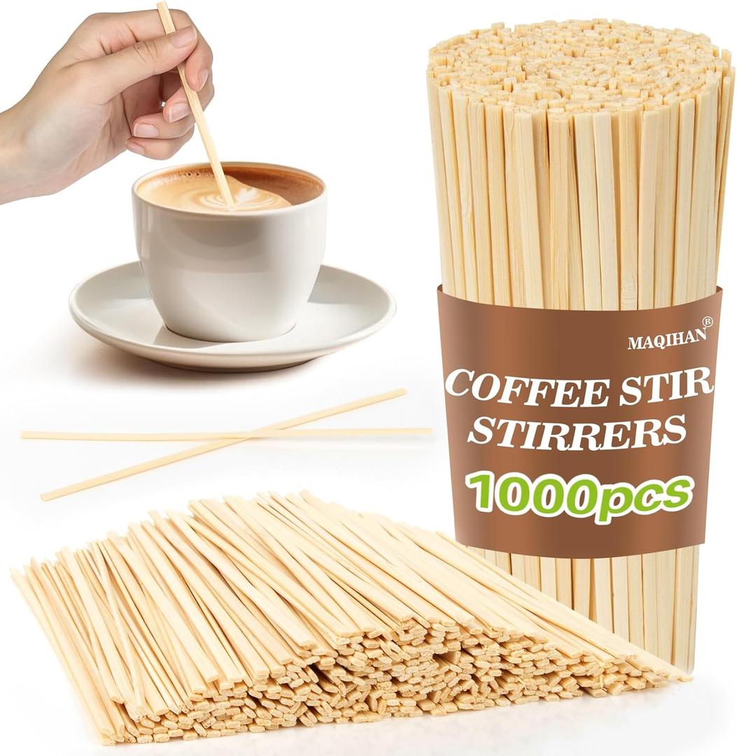 MAQIHAN 1000pcs Sip Stirrers - Bamboo Coffee Stir Sticks Disposable Hot Drink Beverage Stirring Swizzle Stir Sticks For Coffee, Milk, Juice, Cocktail, Chocolate, Suit For Party, Bar 5.5 Inch Square