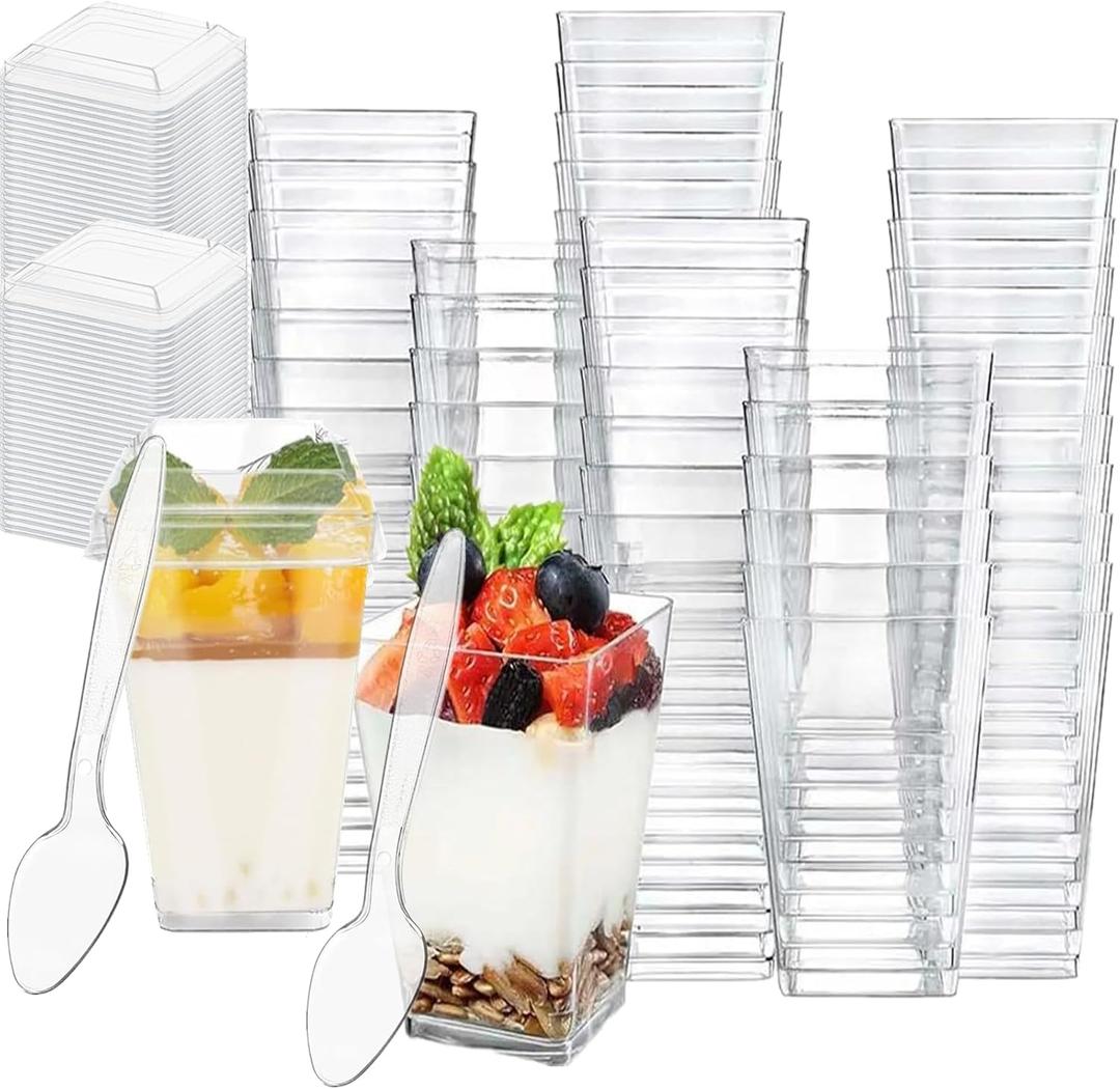 100 Pack Square Dessert Cups with Lid, 3oz Clear Mini Shooter Cups with Spoon for Party, Reusable Plastic Pudding Parfait Cups for Yogurt Jello Ice Cream