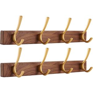 2 PCS 16 Inch Walnut Wood Coat Rack Wall Mount with 4 Hooks, Adhesive & Drilling Mounted Heavy Duty Wooden Wall Coat Hanger Hanging Towel Clothes Hat Bag Purse Key Jacket Backpack Holder Gold