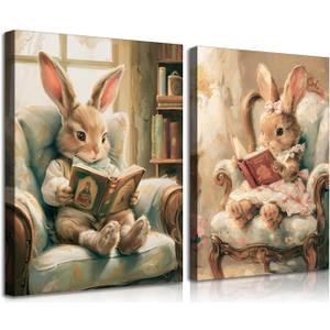 Rabbit Reading Canvas Wall Art Set, Cute Bunny Animal Painting Prints, Vintage Storybook Style Nursery Decor, Whimsical Woodland Wall Decor for Kids Room Bedroom Living Room 12x16in Ready to Hang