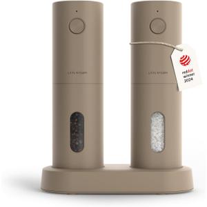 LARS NYSM Electric Salt and Pepper Grinder Set, USB Rechargeable, Automatic Salt and Pepper Mills, Spice Shakers Refillable with LED Light, Adjustable Coarseness, Ceramic Grinder (Taupe Brown)
