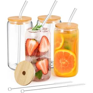 16 oz Drinking Glasses 4pcs Set,Drinking Glasses with Lids and Glass Straws, Iced Coffee Glasses, Iced Coffee Cup Coffee Bar Accessories, Beer Can Glass Coffee Cups, Birthday Gifts