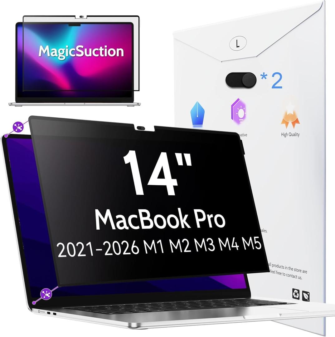 Peslv Privacy Screen for MacBook Pro 14 Inch (2021-2026, M1, M2, M3, M4, M5), MagicSuction Removable Anti Spy Black Protector, Glare Blue Light Filter for Mac Laptop Computer