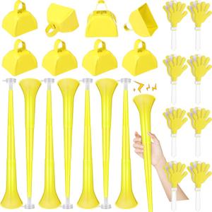 Jenaai 24 Pcs Cheer Team Gifts Bulk Collapsible Stadium Horn Hand Clappers Metal Cowbells Team Cheering Spirit Accessories Noisemakers 24" Vuvuzela Blow Horn for Sporting Events Football Party(Yellow)
