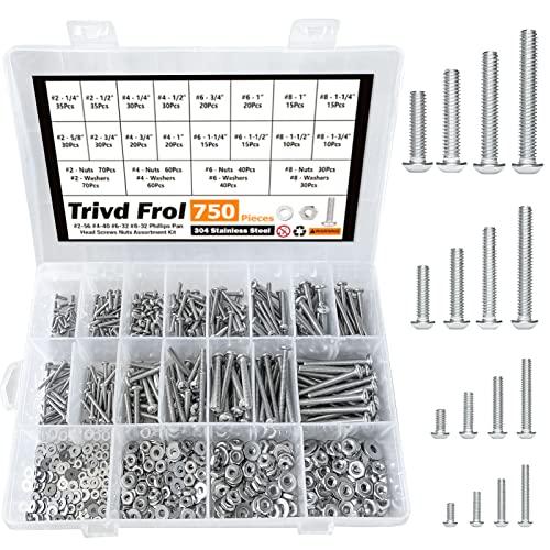 Trivd Frol 750PCS #2-56#4-40#6-32#8-32 Phillips Pan Head Screws Bolt Nut Flat Washers 304 Stainless Steel Machine Screws Nuts Washers Assortment Kit (#2-56#4-40#6-32#8-32)
