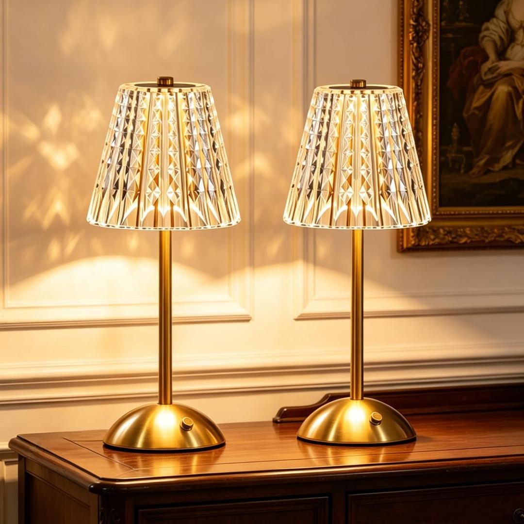 Rechargeable Cordless Table Lamp Touch Control Desk Lamp, 3-Color Dimmable Crystal LED with Battery, Small Nightstand Lamp for Bedroom, Bedside, Restaurant, Kitchen, Home Decor (2, Gold)