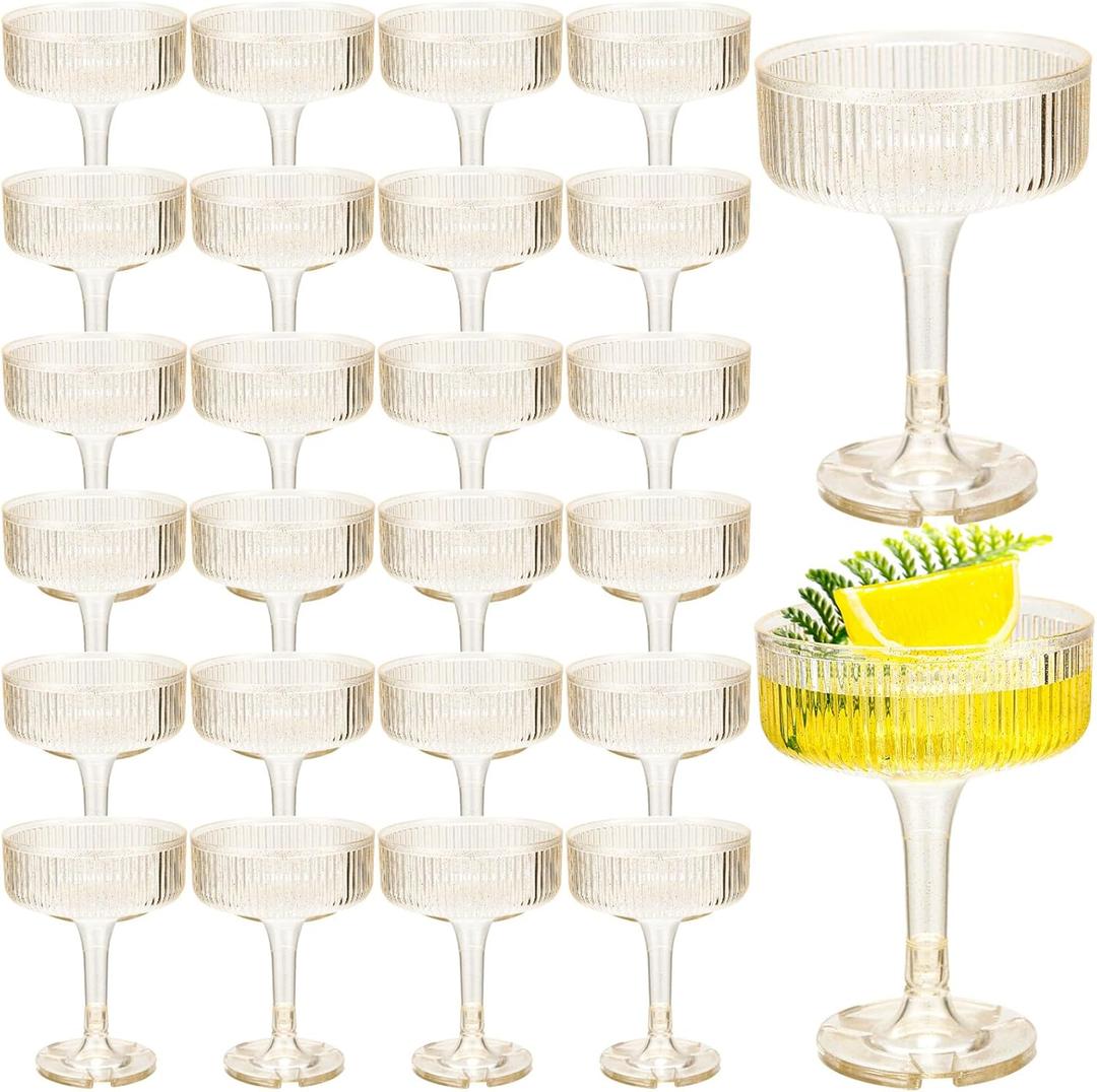 24 Pcs Ribbed Martini Glasses 7 oz Disposable Plastic Vintage Ribbed Coupe Glasses Cocktail Unbreakable Dessert Parfait Glassware for Wedding Birthday Party Supplies (Clear)